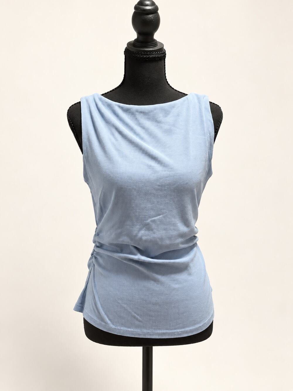 OGL Light Blue Ribbed Draped Neck Ruched Sleeveless Top Size L